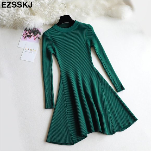 Hunter Green Knitted Sweater Fit flare Dress - Picture 1 of 7